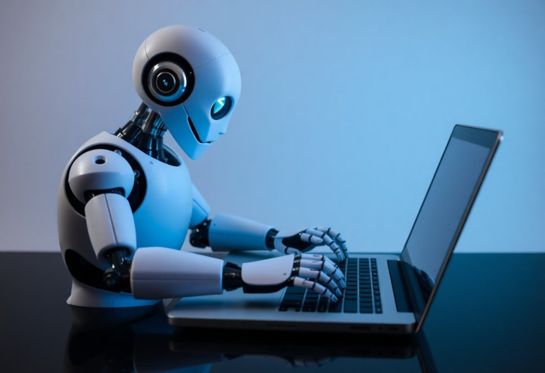 digital robot typing on a laptop