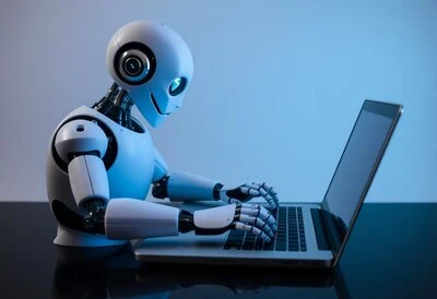 digital robot typing on a laptop
