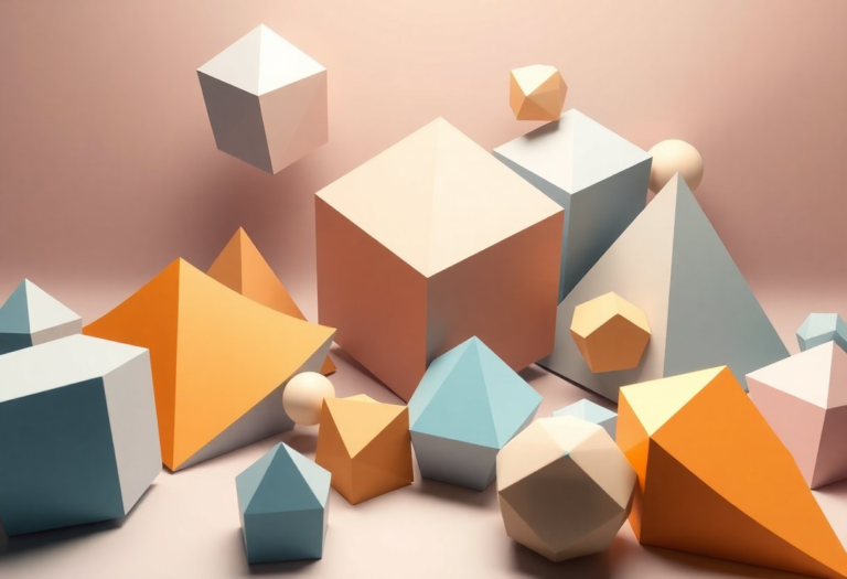 origami geometric pyramids, cubes and spheres abstract concept