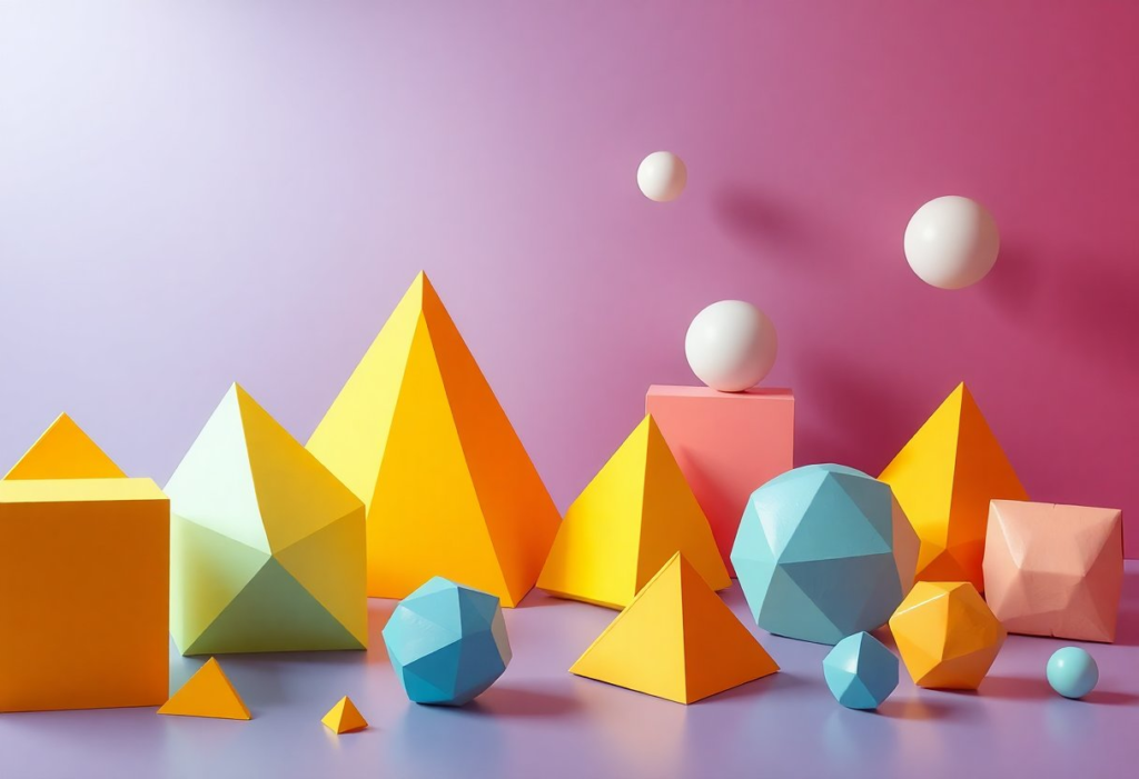 origami geometric pyramids, cubes and spheres abstract concept